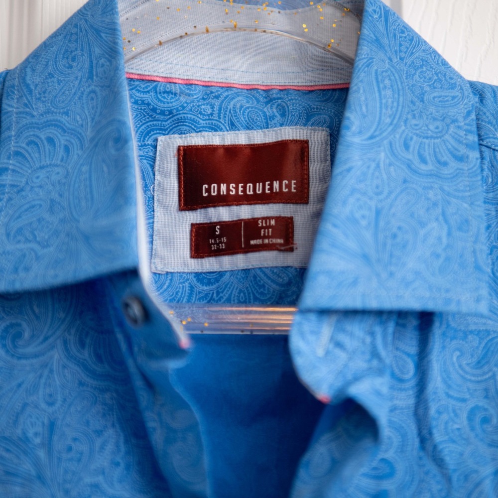Consequence Men S Blue Paisley Slim Fit Dress Shirt Abstract Pattern Button Down - Picture 4 of 5